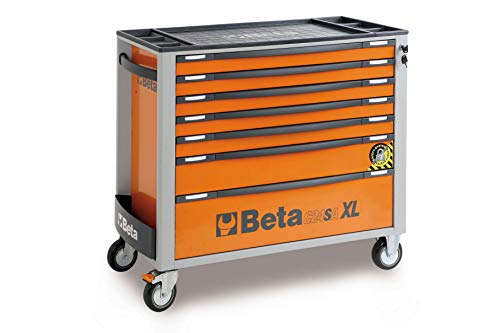 BETA C24SA-XL/7 Werkzeugwagen mit sieben Schubladen, leerer Werkstattwagen mit Anti-Kipp-System (Werkzeugkasten in langer Ausführung auf vier Rollen, Arbeitsplatte aus ABS), Orange
