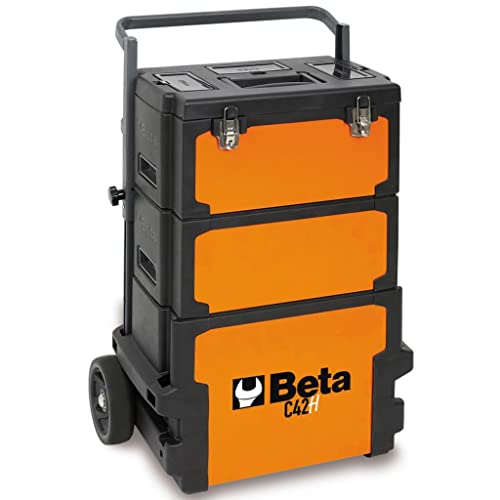 Beta C42H Werkzeugwagen, Werkzeugtrolley, (Werkstattwagen mit drei stapelbaren Modulen & Teleskopgriff, ideal zur Werkzeugaufbewarung, aus robustem Blech, Maße: 730 x 545 x 345mm), Orange/Schwarz