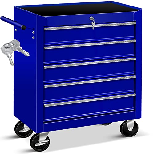 Masko® Werkstattwagen - 5 Schubladen, blau ✓ Abschließbar ✓ Massives Metall | Mobiler Werkzeug-Wagen ohne Werkzeug | Profi Werkstatt-Wagen | Rollwagen zur Werkzeugaufbewahrung mit Schloss |