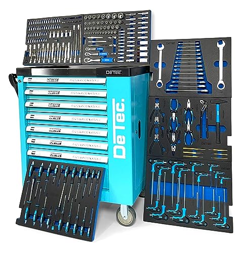 DeTec. Werkstattwagen Worker Edition XXL Werkzeugwagen gefüllt Werkzeugkiste mit Werkzeug Werkzeugschrank rollbar Werkzeugkasten mit Schaumstoff-Werkzeugeinlegern in blau